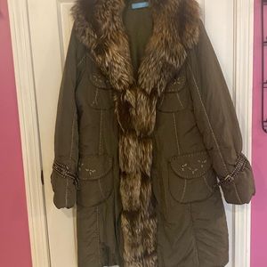Olive Green Belted Coat With Silver Fox Collar and Trim